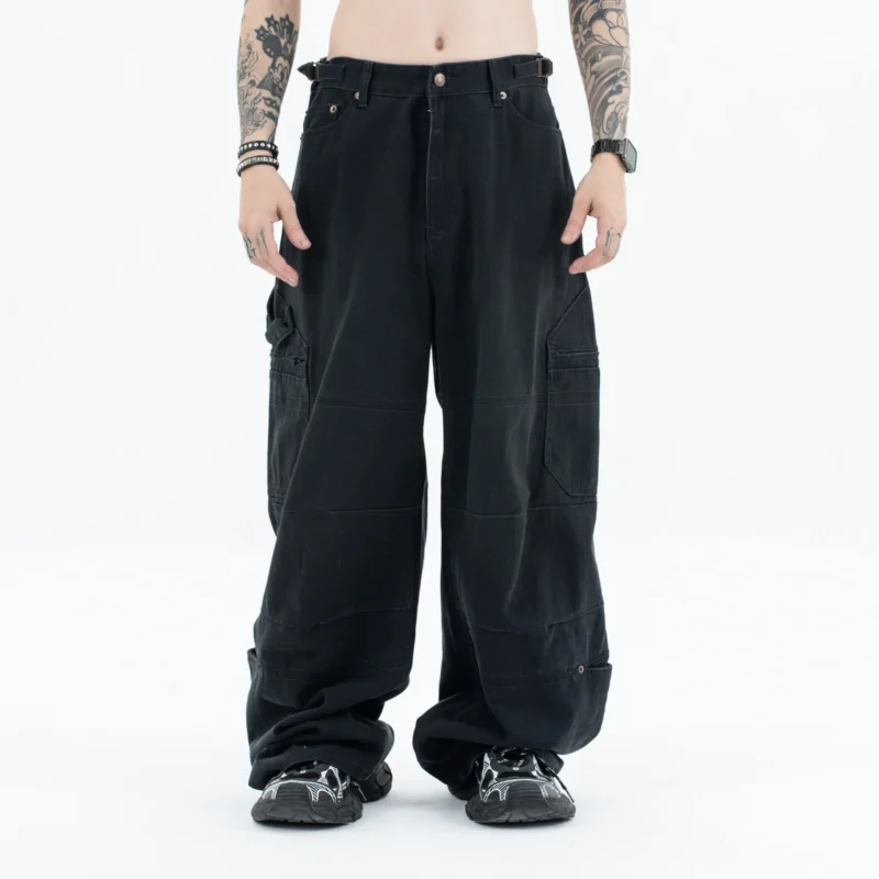 Washed and Worn Multi-pocket Cargo Jeans